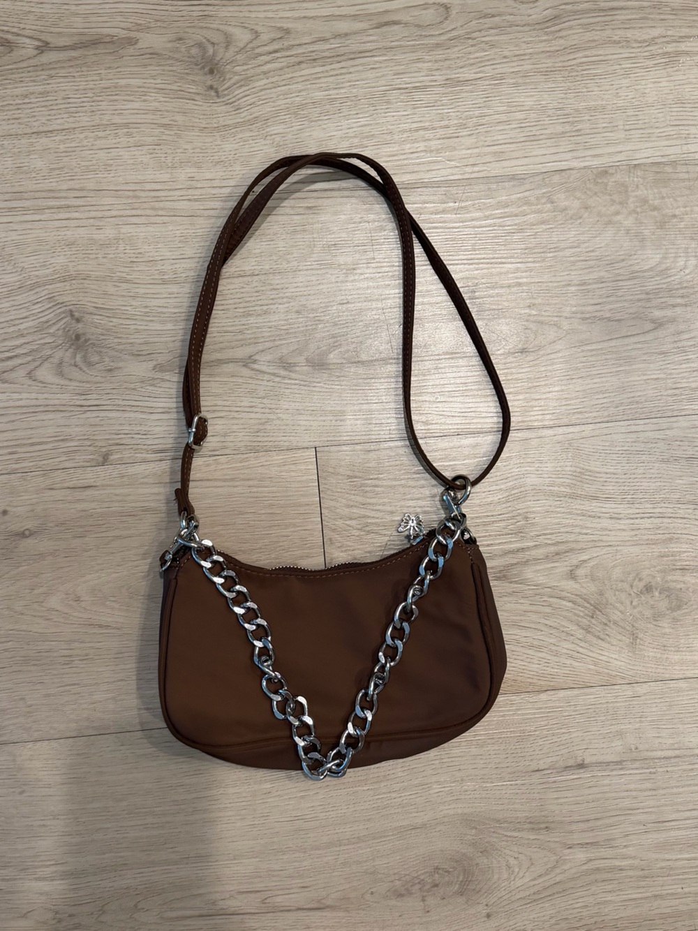 Bershka Brown Y2K Chain-Accent Shoulder Bag